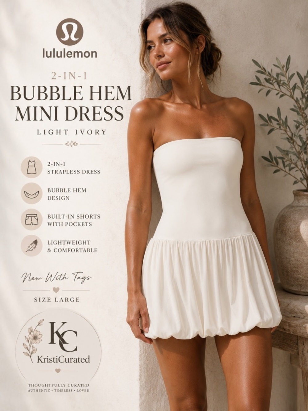 Lululemon 2-in-1 Bubble Hem Mini Dress Light Ivory NWT Size Large